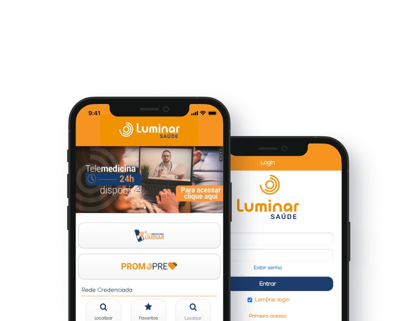 Mockup do App Luminar Saúde - telas do aplicativo no celular